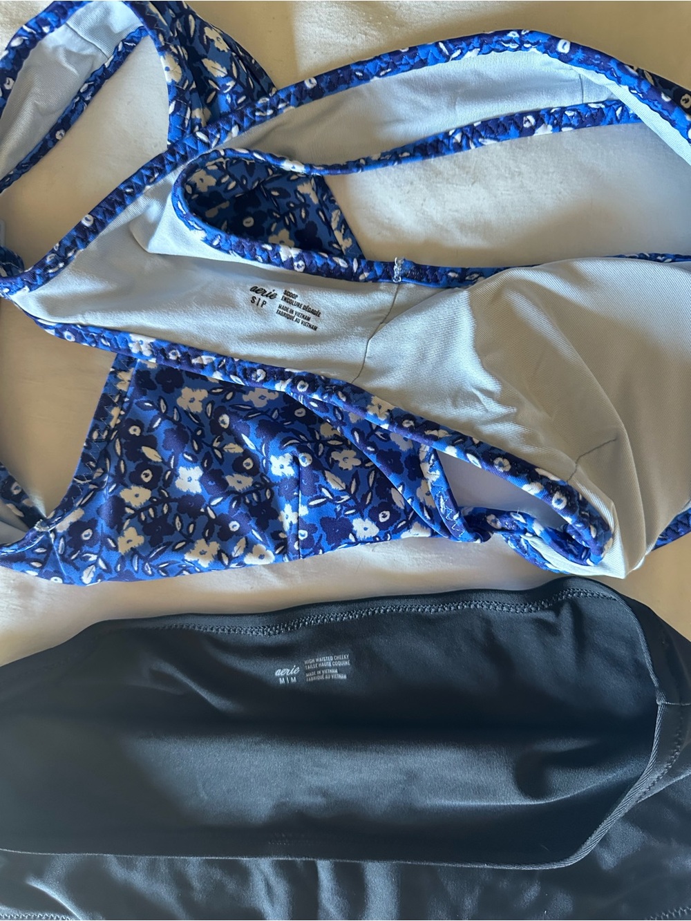 AERIE Swim Set with Blue Floral Triangle Top & Black High-Waist Bottom - Picture 5 of 5